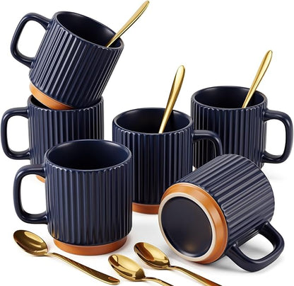 6 Set Ceramic Coffee Mugs with Gold Spoons, 8.8 oz Textured Ribbed Coffee Cups by Ferrochef