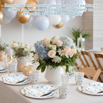 Pickmesh 250 Pcs Blue Floral Baby Shower Party Supplies Decorations Serve 50 - Image 4