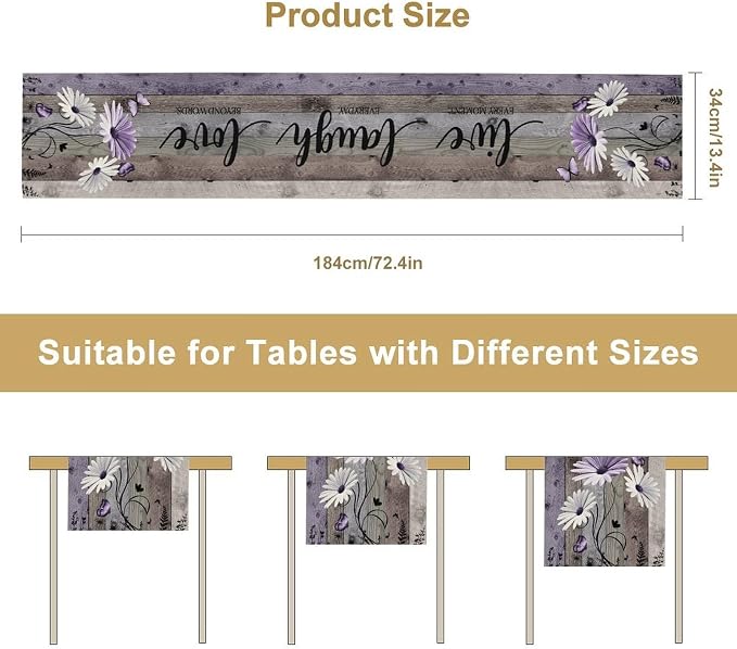 Daisy Floral Table Runner, Rustic Purple Wild Flowers Wooden Boho Spring - Image 5