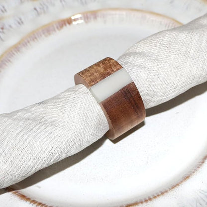 Wooden Napkin Rings Set of 8 for Dinning Table Decor - Acacia Wood Resin Napkin Holde for Cloth Napkin (Round Shape,Ivory Color)