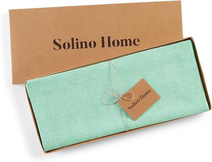 Solino Home Linen Table Runner 60 Inches - 100% Pure Linen Chambray Aqua Table Runner 14 x 60 Inch Ideal for Dresser and Coffee Tables - Athena, Winter, Spring, Easter