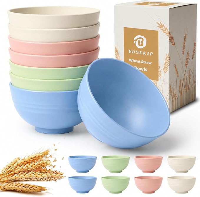 Small Bowls 10oz, Unbreakable & Lightweight Wheat Straw Bowls Sets of 8 by BUSOKIP