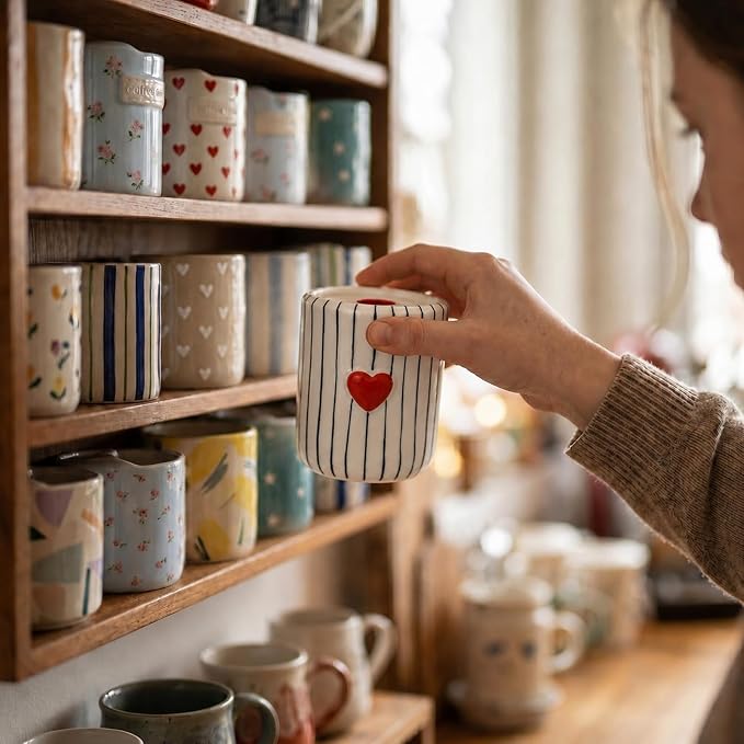 Ceramic Coffee Mug with Sip Hole, 12oz Striped Coffee Cup with Heart Accent - Image 8