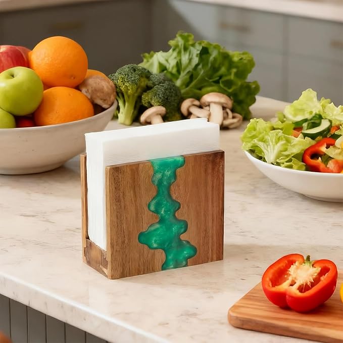 Glow in The Dark Napkin Holder, Acacia Wood & Fluorescent Green Epoxy Resin - Image 4