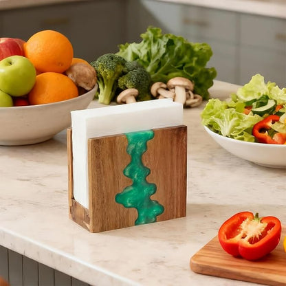Glow in The Dark Napkin Holder, Acacia Wood & Fluorescent Green Epoxy Resin - Image 4