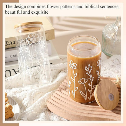 Mumufy 2 Pack Glass Cups Gift Aesthetic Cute Glass Cup Tumbler Flower Iced - Image 5