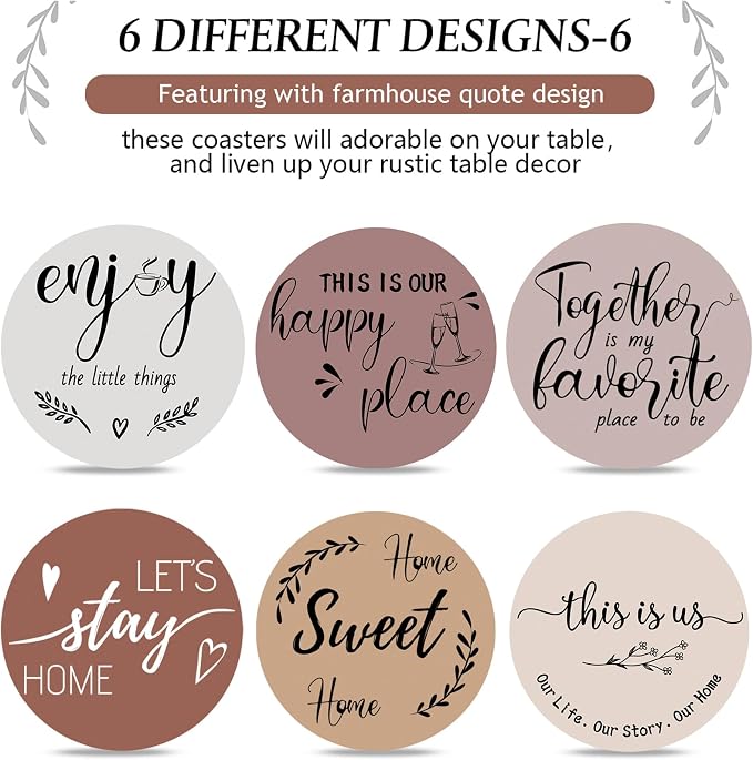 Queekay Coasters Set of 6 House Warming Gifts New Home Wooden Farmhouse Drink - Image 4