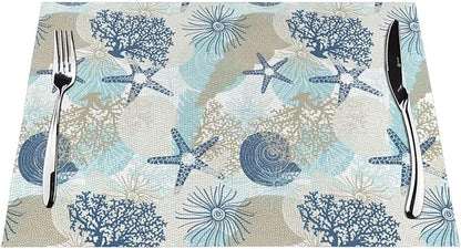 Placemats Set of 6 Aqua Blue Nautical Place Mats Coastal Beach Theme Coral Starfish Woven Table Mats Washable Blue Coral PVC Placemat for Dining Kitchen Decor Indoor Outdoor, 12 x 18 Inch