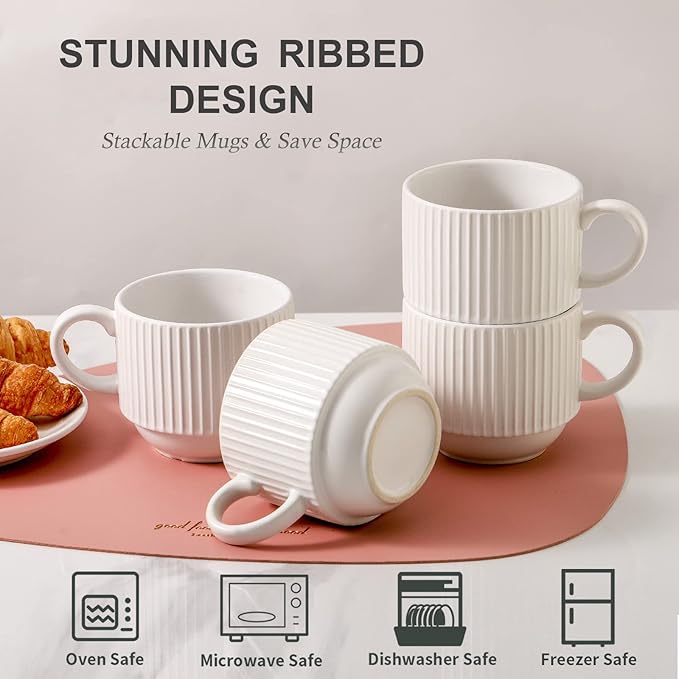 HASENSE 15 oz Ribbed Stackable Coffee Mug Set of 4, Porcelain Latte Cups - Image 4