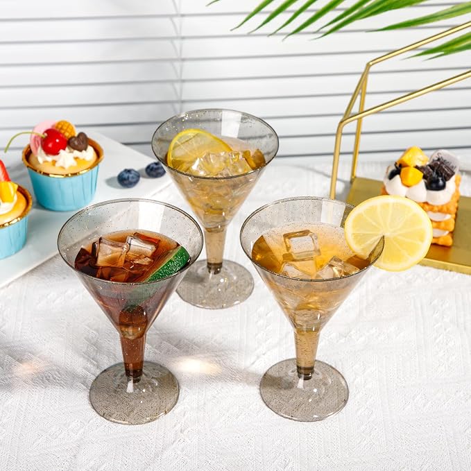 Liacere 24 Pack Gray Gold Glitter Plastic Martini Glasses - Image 7