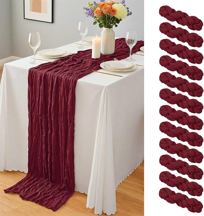 12 Pcs Burgundy Christmas Cheesecloth Table Runner 10Ft, Gauze Table Runners by Yemosa
