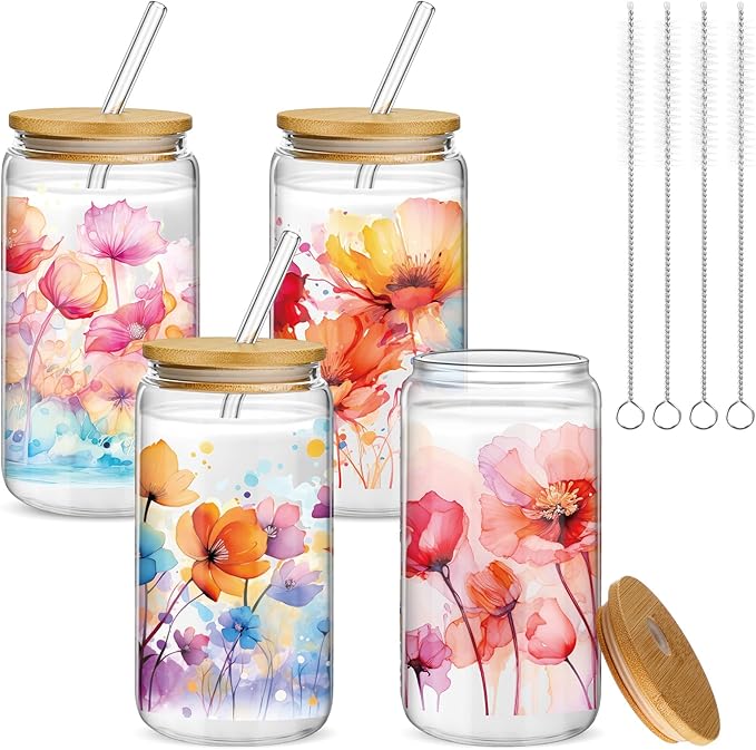 Mumufy 4 Pack Wildflower Glass Cups Gift Aesthetic Cute Glass Cup Tumbler by Mumufy