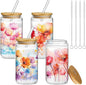 Mumufy 4 Pack Wildflower Glass Cups Gift Aesthetic Cute Glass Cup Tumbler by Mumufy