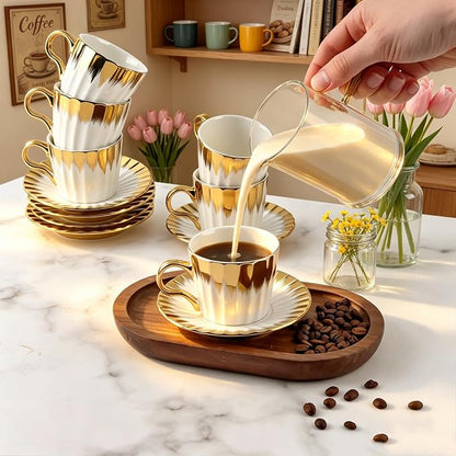 Coffee Cup Set of 6 with Saucers, 3.5 OZ Ceramic Espresso Cups, Deco Golden - Image 5
