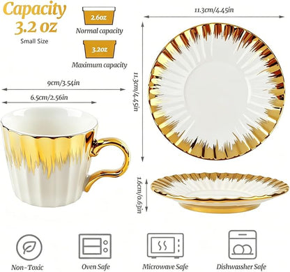 Coffee Cup Set of 6 with Saucers, 3.5 OZ Ceramic Espresso Cups, Deco Golden - Image 3