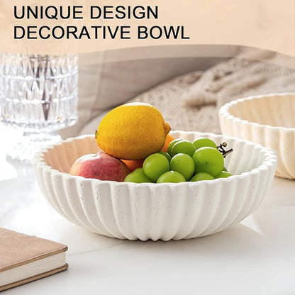 Large Decorative Fruit Bowl for Kitchen Counter, Travertine Stone Look Modern Minimalist Snack Candy Bowl for Table Centerpiece Decor, Home, Office, Hotel, Entryway (White)