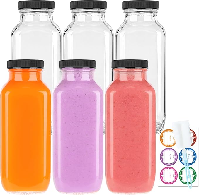 GUANENA 6 Pack Glass Drink Bottles, 16 OZ Vintage Square Water Bottles by GUANENA