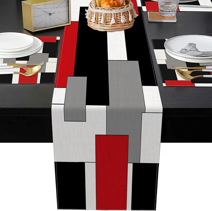 Table Runner and Placemats Set of 6, Geometric Abstract | Art Painting Red Art - Image 5