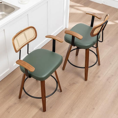 Rattan Swivel Bar Stools Set of 2,Green Faux Leather Counter Height Barstools with Arms Rattan Backrest/Wooden Legs,Mid Century Modern Bar Chairs for Kitchen/Dining Room/Bar