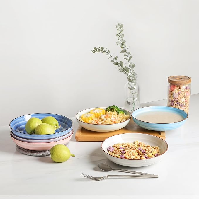 KitchenTour Large Pasta Bowls 34 oz, Ceramic Salad Serving Bowls Set of 6 - Image 6