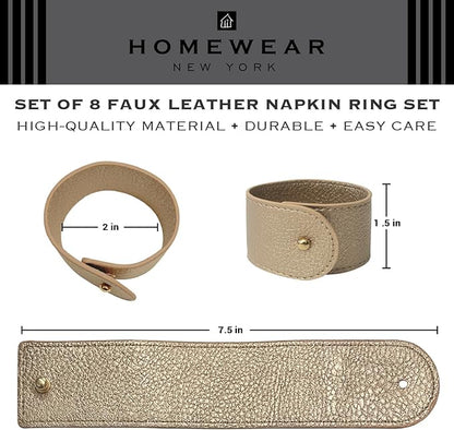 Luxury Leather Napkin Rings Set of 8, Champagne, Morgan Faux Style, Modern Cuff Design for Wedding Party Decorations, Kitchen, Holiday Table,Rust Proof,Hotel, Home, Table Accessories, Dining