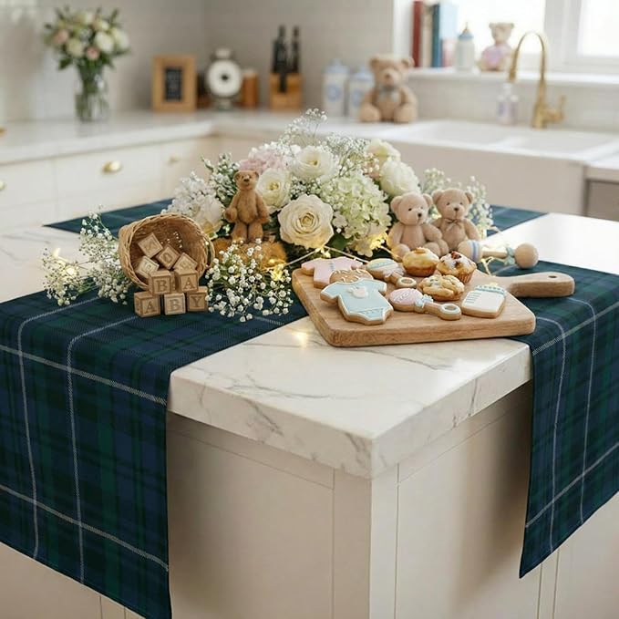 Gilprop 6 Pcs 72 x 13'' Tartan Plaid Bear Babyshower Table Runner Vintage - Image 5