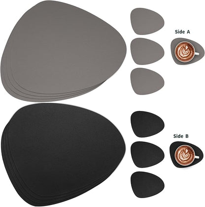 Myir JUN Placemats, Dual-Sided Placemats Waterproof Faux Leather Placemats Set of 6 Place Mats and Coasters Non-Slip Washable Table Mats for Dining Table (Gray Black, Set of 6)