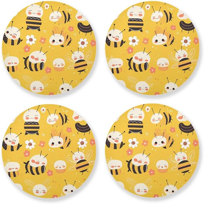 Bees on Yellow 4 Pcs Aesthetic Coasters Cork Tripod, Thermal Pad by KLL