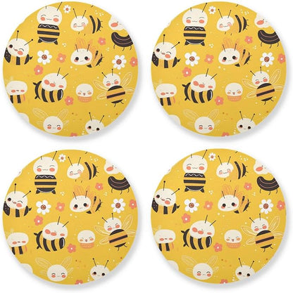 Bees on Yellow 4 Pcs Aesthetic Coasters Cork Tripod, Thermal Pad by KLL