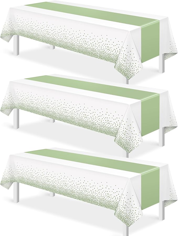 3Pcs White and Sage Green Tablecloth Decorations, Plastic White Table Cloth by MASHAN