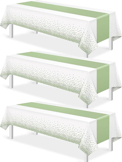 3Pcs White and Sage Green Tablecloth Decorations, Plastic White Table Cloth by MASHAN