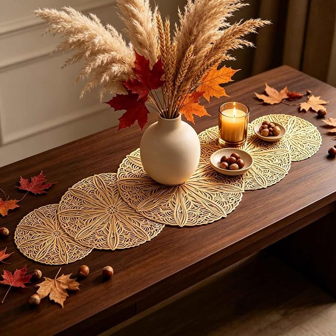 Gold Table Runner 36 Inches Flower Dining Table Runner Fall Decor | Vinyl - Image 5