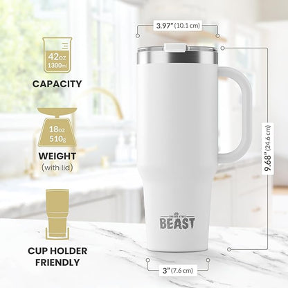 Beast 42 oz Tumbler with Handle Stainless Steel Vacuum Insulated Coffee Ice Cup Double Wall Travel Flask (Arctic White)