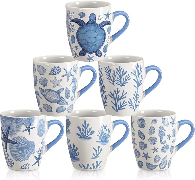 Qinyoung 6 Pcs Coastal Coffee Mugs Set 12oz Beach Ceramic Cups by Qinyoung