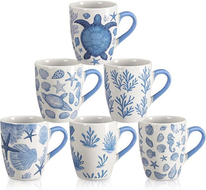 Qinyoung 6 Pcs Coastal Coffee Mugs Set 12oz Beach Ceramic Cups by Qinyoung