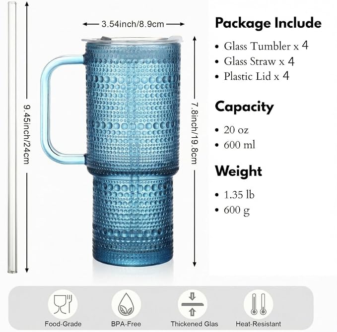 20 oz Blue Glass Tumbler with Lid and Straw, Glass Iced Coffee Cups, - Image 7