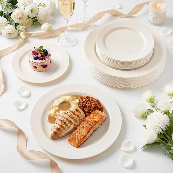 102 Pcs Ivory Plastic Plates, Disposable Party Plates Include 51 Ivory Dinner - Image 6