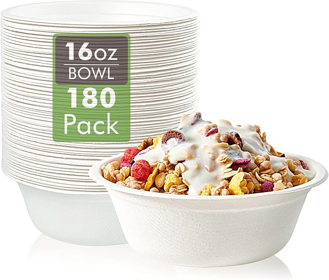 Vplus 180 Pack 16 OZ Compostable Paper Bowls, Bagasse Bowls，White | Disposable by Vplus