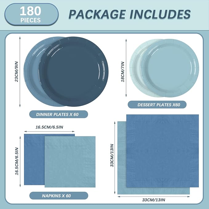 180Pcs Blue Paper Plates Party Supplies Paper Plates and Napkins Serve 60 | - Image 2