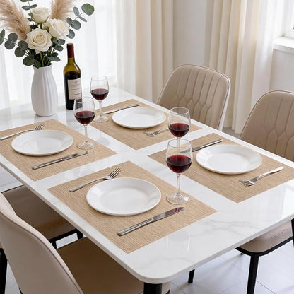 Timeet Placemats Set of 6, Heat Resistant Non-Slip Place Mats, Durable Washable PVC Vinyl Woven Table Mats, Linen Textured Table Placemats for Dining Kitchen Resistant Easy to Clean(Brown)