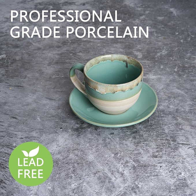 Bosmarlin Ceramic Cappuccino Cup and Saucer Set of 2, 10 Oz, Coffee Cups - Image 3
