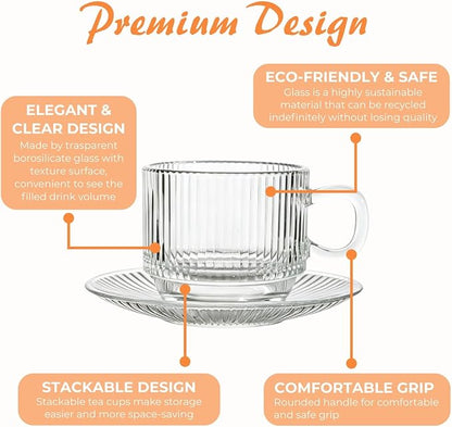 Atarvana 6 Pack Glass Tea Cups and Saucers Set - Image 3