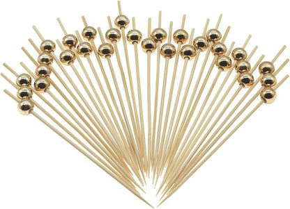Minisland Gold Pearl Cocktail Picks, 4.7 Inch Long Bamboo Fancy Toothpicks for Appetizers, Decorative Christmas New Year Holiday Party Food Drink Garnish Fruit Kabob Skewer Sticks 100 Counts - MSL150