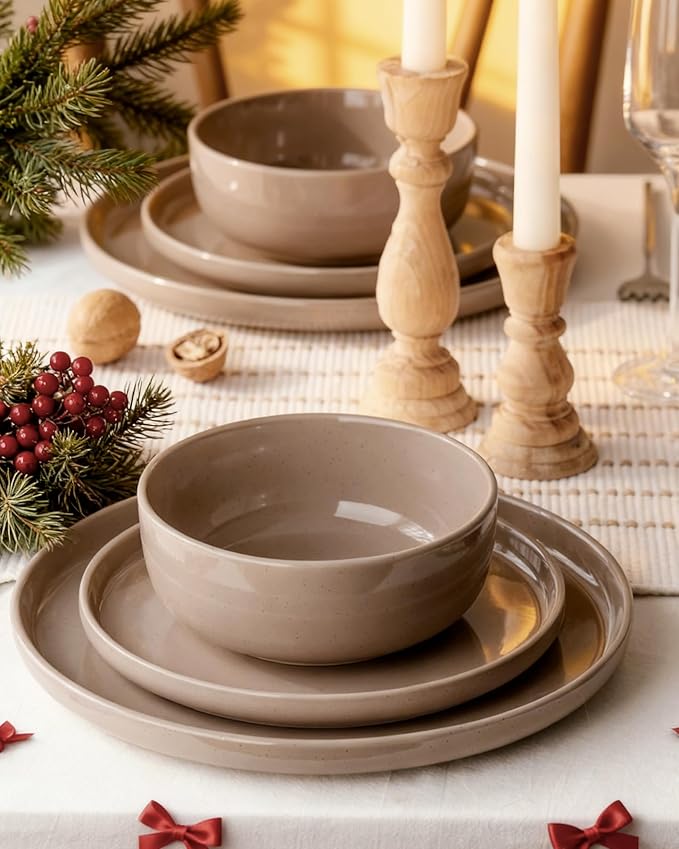 Famiware Milkyway 12-Piece Stoneware Dinnerware Set, Cinnamon Brown | Plates - Image 3