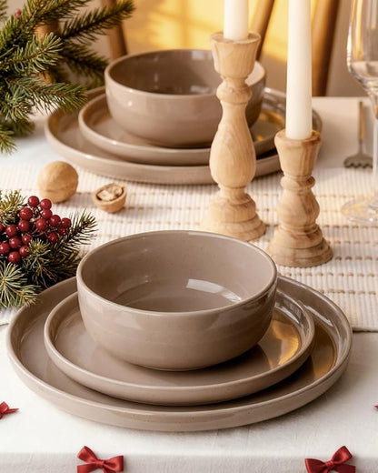 Famiware Milkyway 12-Piece Stoneware Dinnerware Set, Cinnamon Brown | Plates - Image 3