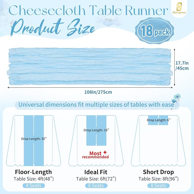 Showgeous 18 Pack Baby Blue Cheesecloth Table Runner, 17 x 108 Inches | Boho - Image 2