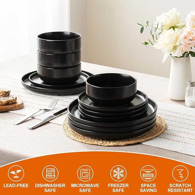 EWFEN Plates and Bowls Sets, 12 Pieces Ceramic Dinnerware Set - Image 8
