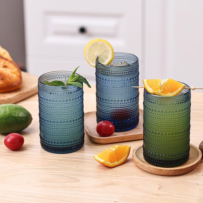 Moretoes 15oz Blue Vintage Hobnail Drinking Glasses Set of 6 | Highball Glass - Image 5