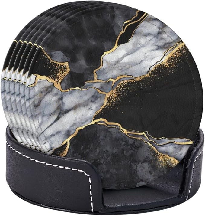 6 Pcs Black White Gray and Gold Marble Leather Coasters - Image 6
