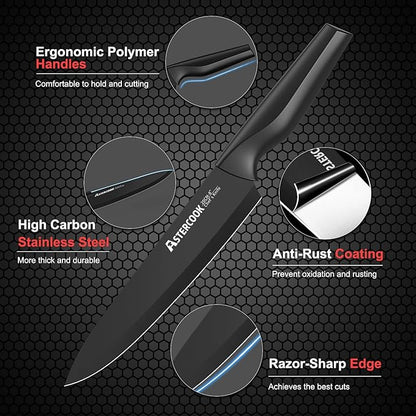 Knife Set, Astercook 21 Pieces Knife Sets for Kitchen with Block, Dishwasher Safe Kitchen Knife Set with Built-in Sharpener, German Stainless Steel Black Knife Block Set